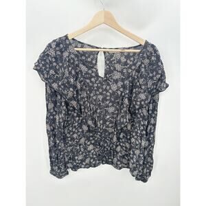 Hinge Gray Cream Floral Ruffle Long Sleeve Blouse Peasant Top Women Medium